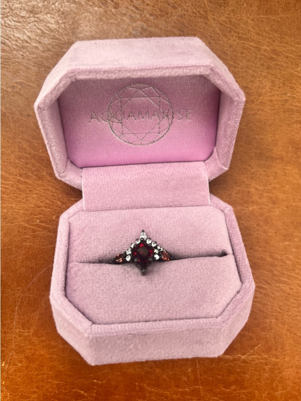 Aquamarise Red Garnet Ring Black Filled Sterling Silver Unique Jewelry NWOT